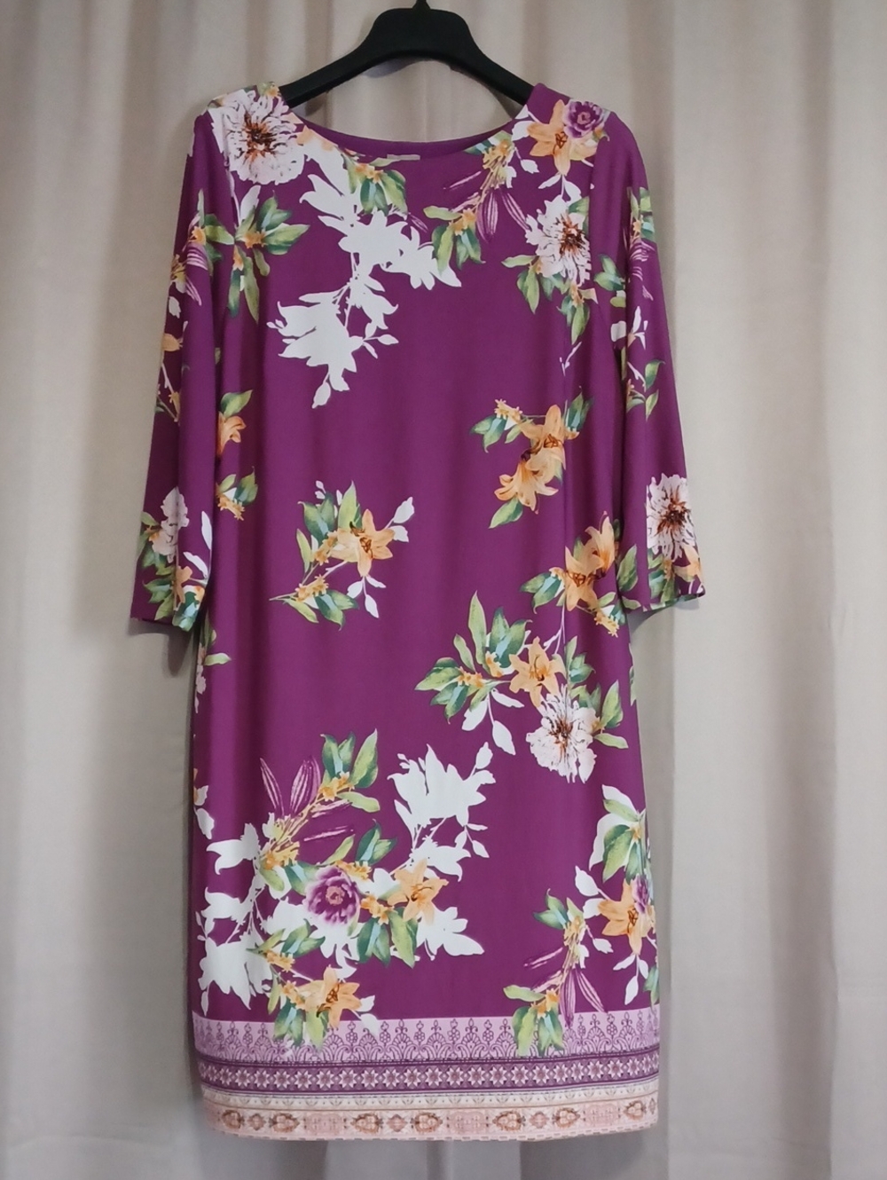 Chico's Plum Floral Shift Dress 3/4 Sleeve Border Print Stretch Pull-On Sz L